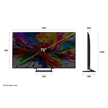 Vy framifr?n och fr?n sidan av LG QNED evo AI QNED93 4K Smart TV som visar dess l?ngd, bredd, h?jd och djupdimensioner.