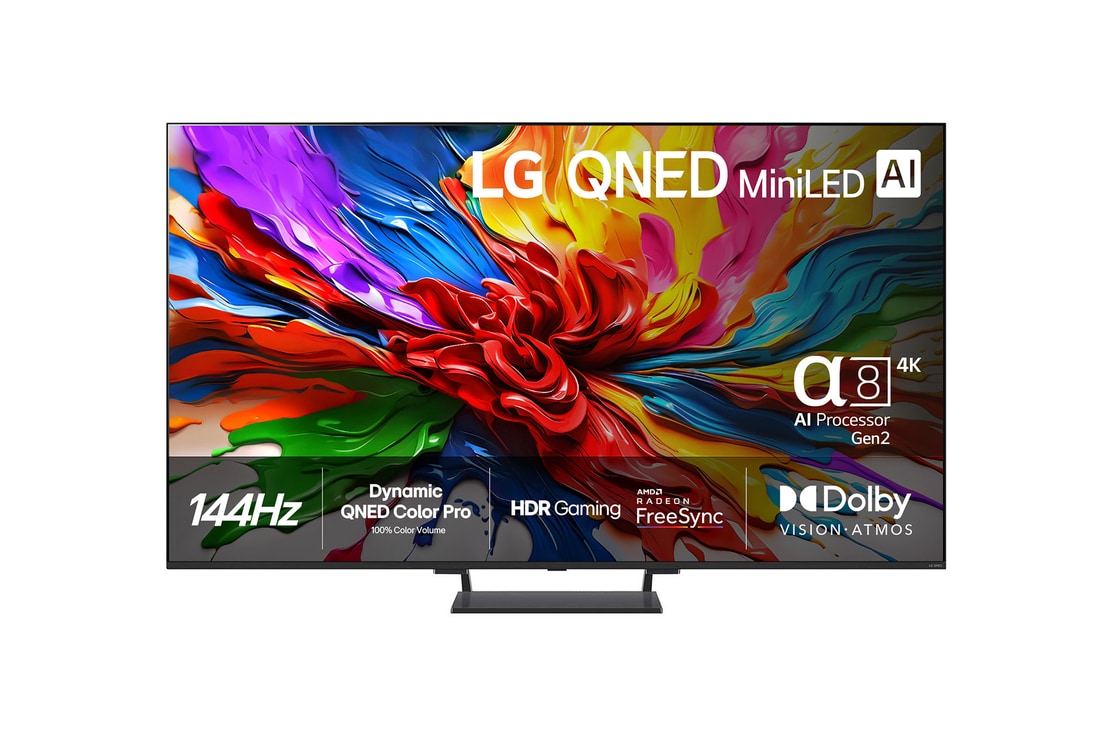 Vy framifr?n av LG QNED evo QNED93 TV, LG QNED evo Al-logotypen i det ?vre h?rnet. LG QNED evo TV visar f?rgglada m?larf?rgtexturer som m?ts.