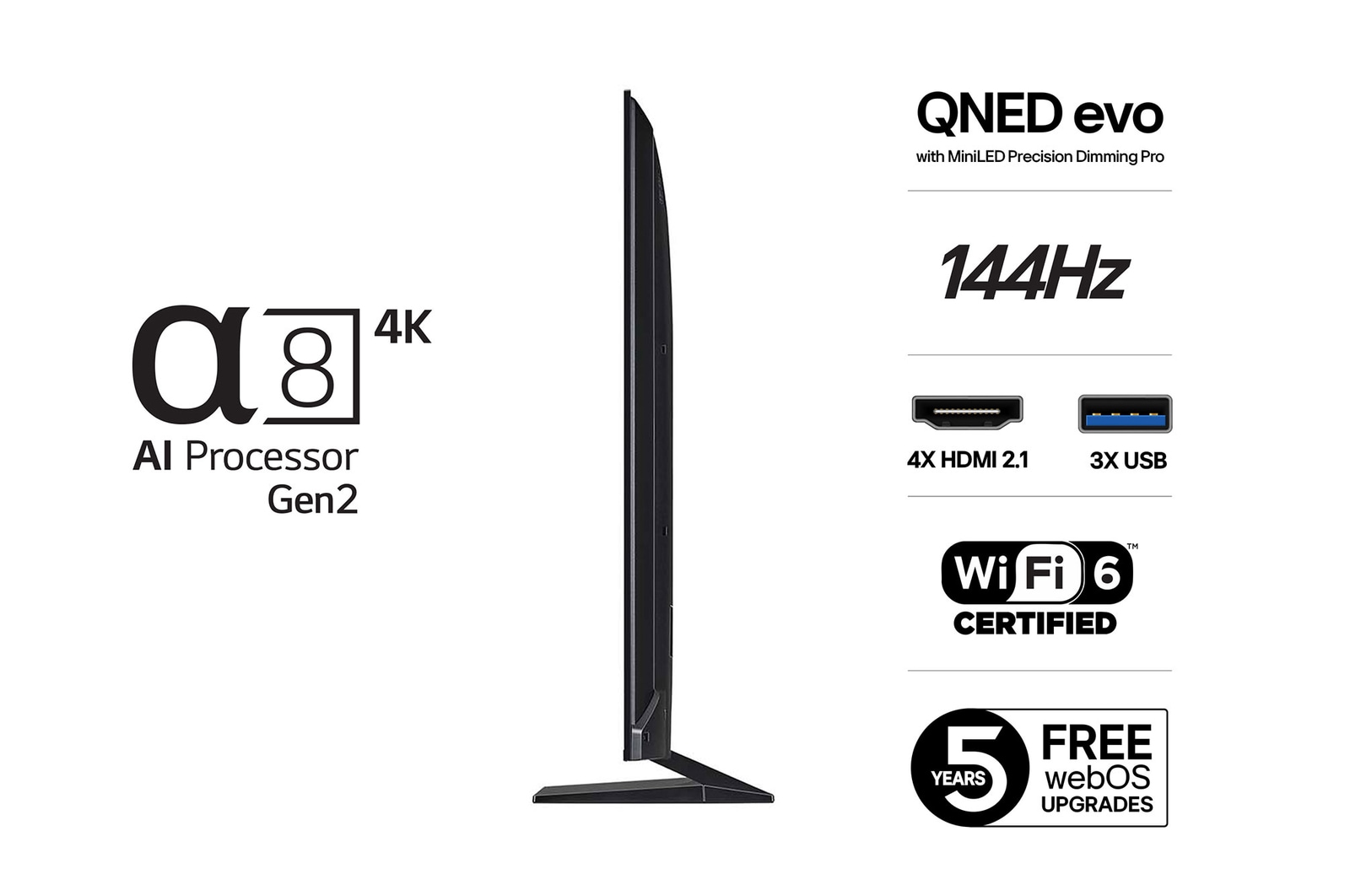 Vy fr?n v?nster av LG QNED evo QNED93 TV.