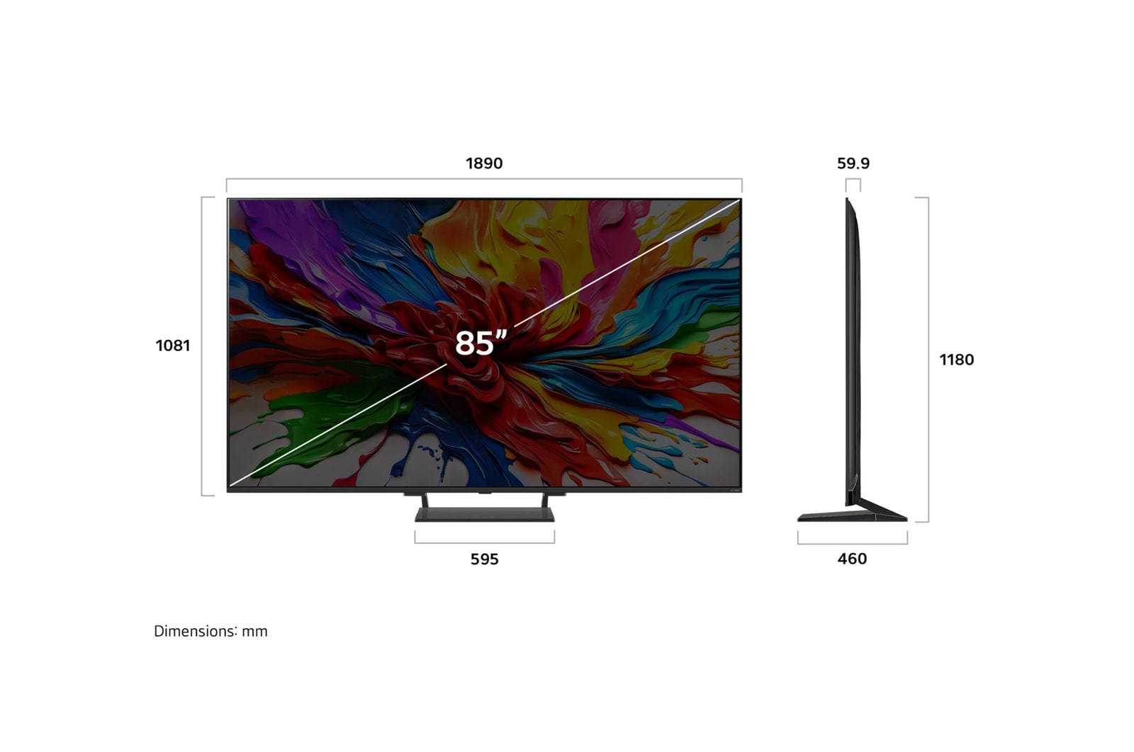 Vy framifr?n och fr?n sidan av LG QNED evo AI QNED93 4K Smart TV som visar dess l?ngd, bredd, h?jd och djupdimensioner.