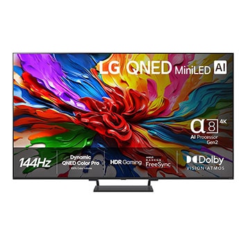 Vy framifr?n av LG QNED evo QNED93 TV, LG QNED evo Al-logotypen i det ?vre h?rnet. LG QNED evo TV visar f?rgglada m?larf?rgtexturer som m?ts.