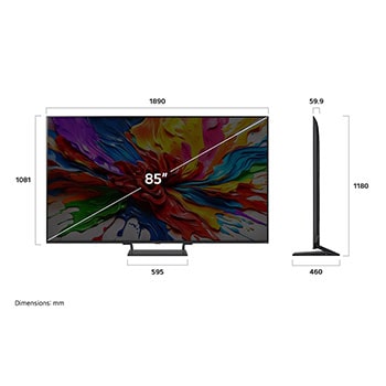 Vy framifr?n och fr?n sidan av LG QNED evo AI QNED93 4K Smart TV som visar dess l?ngd, bredd, h?jd och djupdimensioner.