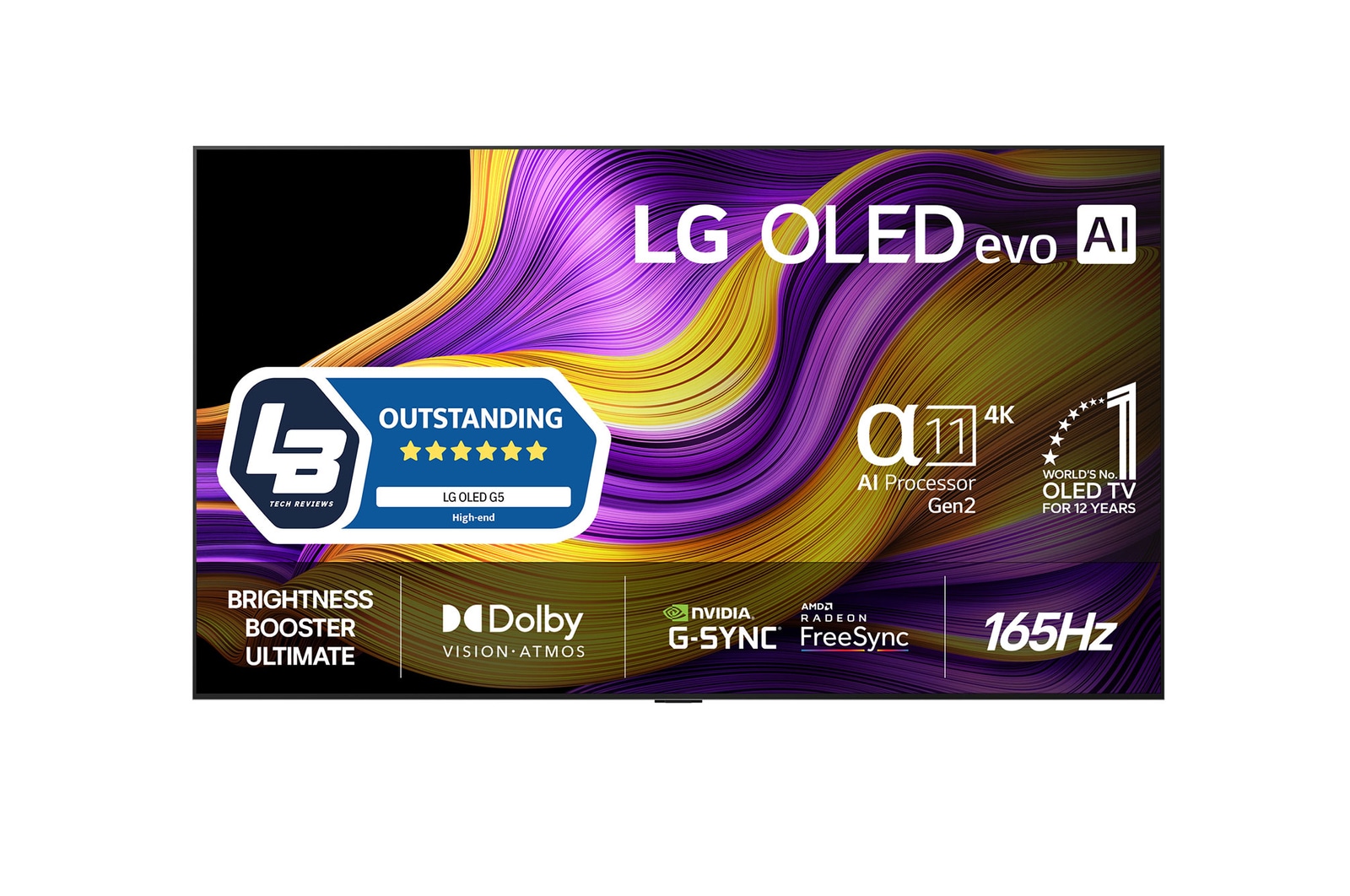 Vy framifr?n av LG OLED evo AI G5 4K Smart TV. Emblemet 12 ?r som v?rldens ledande OLED och logotypen LG OLED evo AI 2025 visas p? sk?rmen.