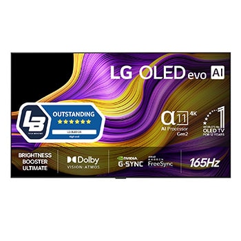 Vy framifr?n av LG OLED evo AI G5 4K Smart TV. Emblemet 12 ?r som v?rldens ledande OLED och logotypen LG OLED evo AI 2025 visas p? sk?rmen.