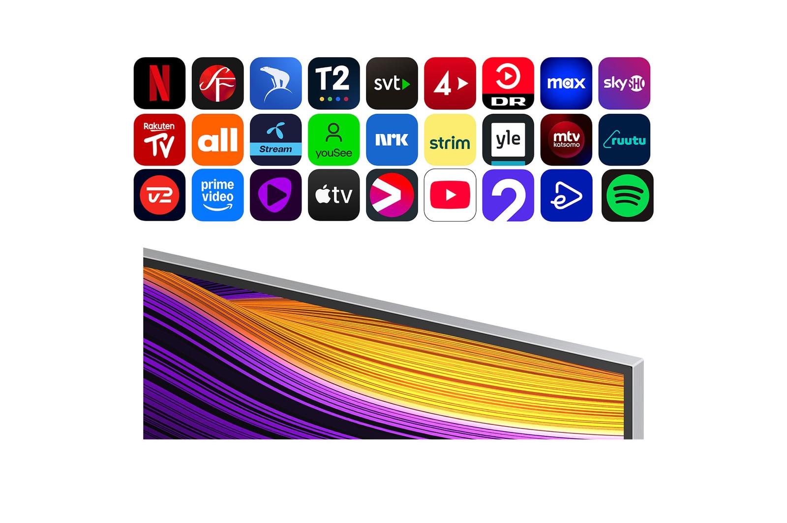 Vy framifr?n och fr?n sidan av LG OLED evo AI G5 4K Smart TV som visar dess l?ngd, bredd, h?jd och djupdimensioner.
