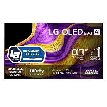 Vy framifr?n av LG OLED evo AI G5 4K Smart TV. Emblemet 12 ?r som v?rldens ledande OLED och logotypen LG OLED evo AI 2025 visas p? sk?rmen.
