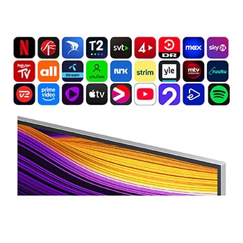 Vy framifr?n och fr?n sidan av LG OLED evo AI G5 4K Smart TV som visar dess l?ngd, bredd, h?jd och djupdimensioner.