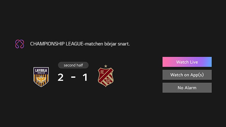 Sportaviseringar visas. Det ?r en p?minnelse om Championship League-matchen som snart ska b?rja. Uppmaningsknappar syns ocks?, titta live, titta i appen, inget alarm.