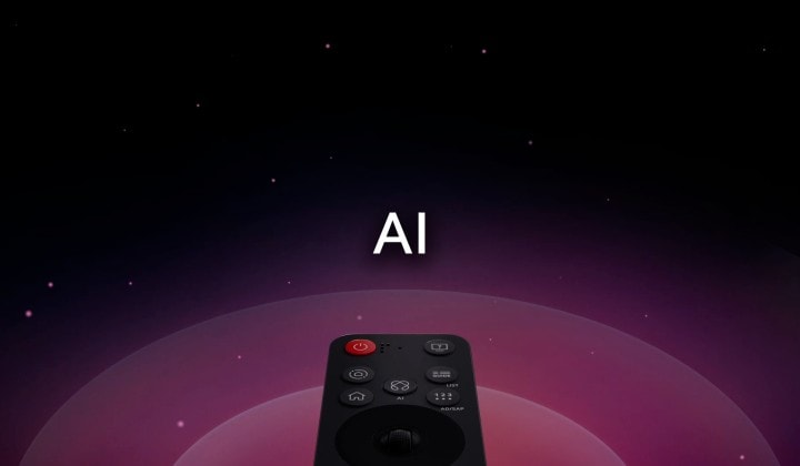LG AI Magic Remote med AI-knappen markerad. Det visas en grafisk UI-representation med ikoner f?r hur AI-knappen l?ter anv?ndare komma ?t olika AI-funktioner. Tj?nsterna inkluderar AI Voice ID, AI Search, AI Chatbot, AI Concierge, AI Picture Wizard och AI Sound Wizard. Funktionalitet visas sedan n?r mark?ren visas ?ver ett gr?nssnitt, och visar hur fj?rrkontrollen kan anv?ndas som en virtuell mus f?r att peka och klicka.