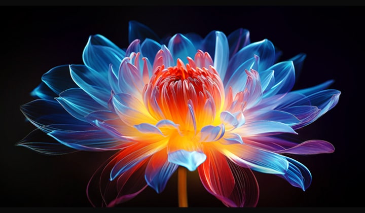 3D holografisk blomma i m?nga olika nyanser mot en svart bakgrund. Blommans definition och detaljer visar upp QNED MiniLED:s f?rm?ga att producera visuella bilder med exceptionell f?rg, ljusstyrka och kontrast.