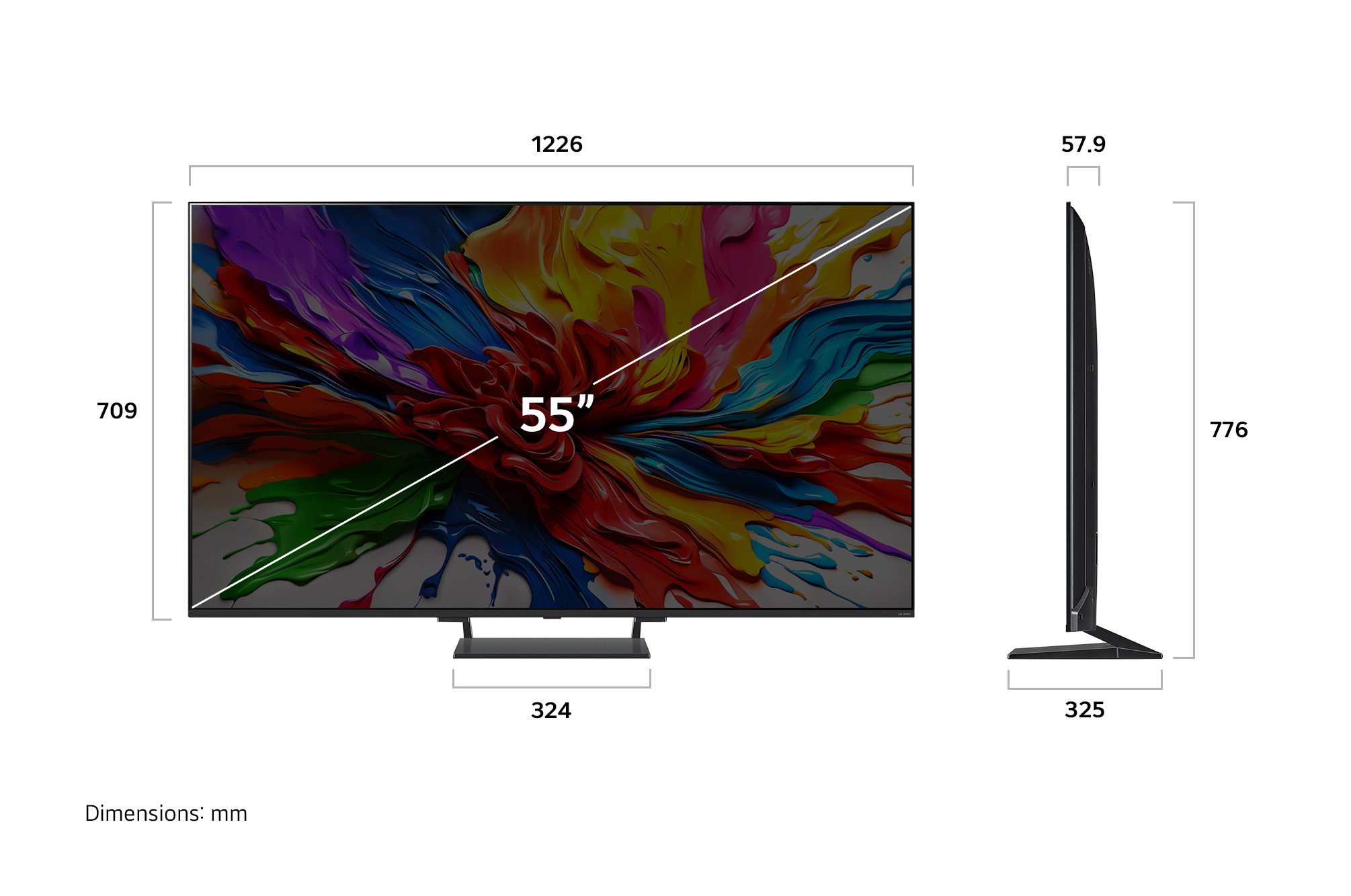 Vy framifr?n och fr?n sidan av LG QNED evo AI QNED93 4K Smart TV som visar dess l?ngd, bredd, h?jd och djupdimensioner.