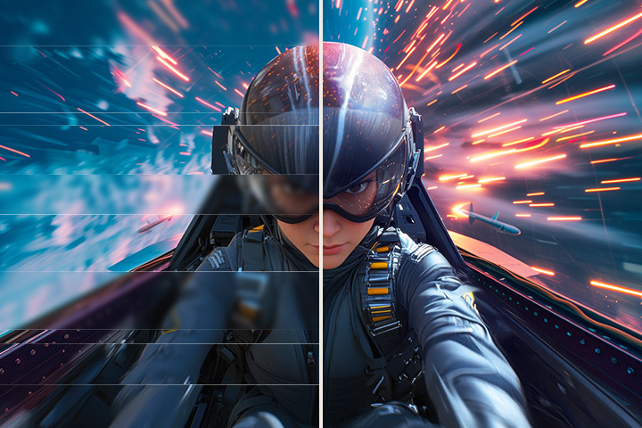 J?mf?relse av flytande spelbild - Den v?nstra bilden har tearing, och den h?gra bilden ?r felfri.