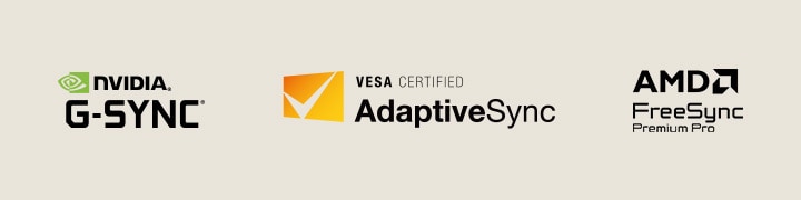 Logotyper f?r NVIDIA G-SYNC, VESA AdaptiveSync och AMD FreeSync Premium Pro.