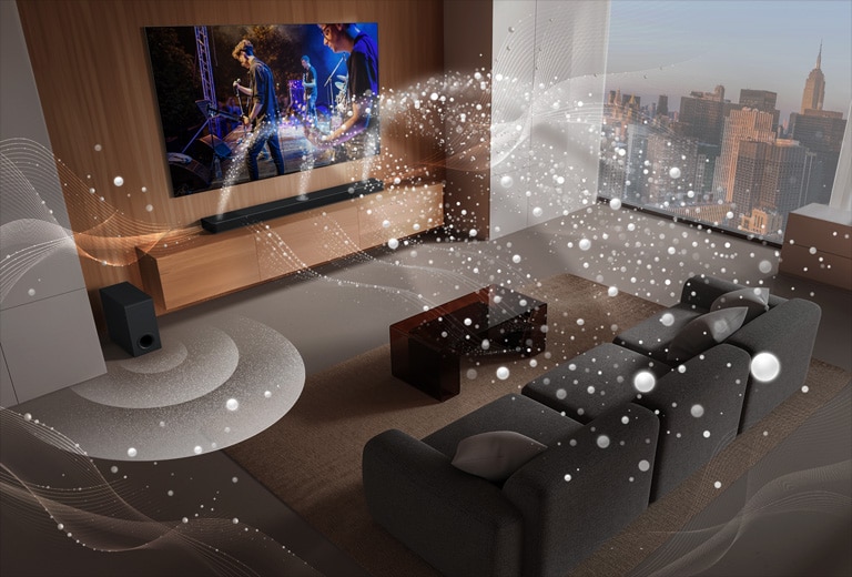 LG TV, LG Soundbar och en subwoofer spelar en musikf?rest?llning i ett vardagsrum i en skyskrapa. Vita ljudv?gor som best?r av droppar projicerar fr?n en Soundbar och slingrar sig runt soffan och vardagsrummet. En subwoofer skapar en ljudeffekt fr?n botten. Dolby Atmos-logotyp DTS X-logotyp