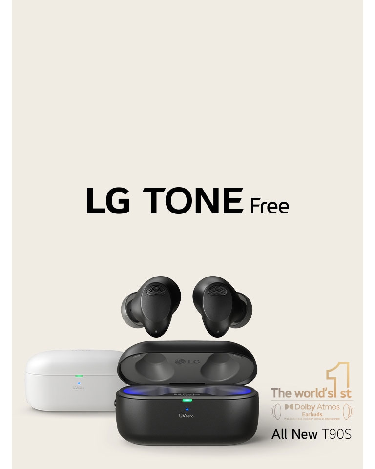 En frontvy av svarta TONE Free T90S med ?ppen vagga. De svarta ?ronsn?ckorna sticker ut av designsk?l. Bakom dem finns den vita TONE Free T90S. I det nedre h?gra h?rnet visas v?rldens f?rsta Dolby Atmos-logotyp.