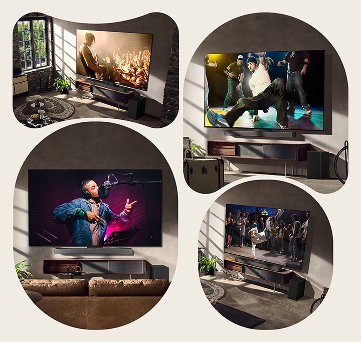 Det finns tre livsstilsbilder. Uppifr?n och ned: tre m?n som tittar p? en konsertvideo i vardagsrummet. Det finns en TV fr?n LG p? v?ggen som visar en scen i en musikvideo och TV-apparaten fr?n LG p? v?ggen visar en breakdancescen i en diagonal vy.