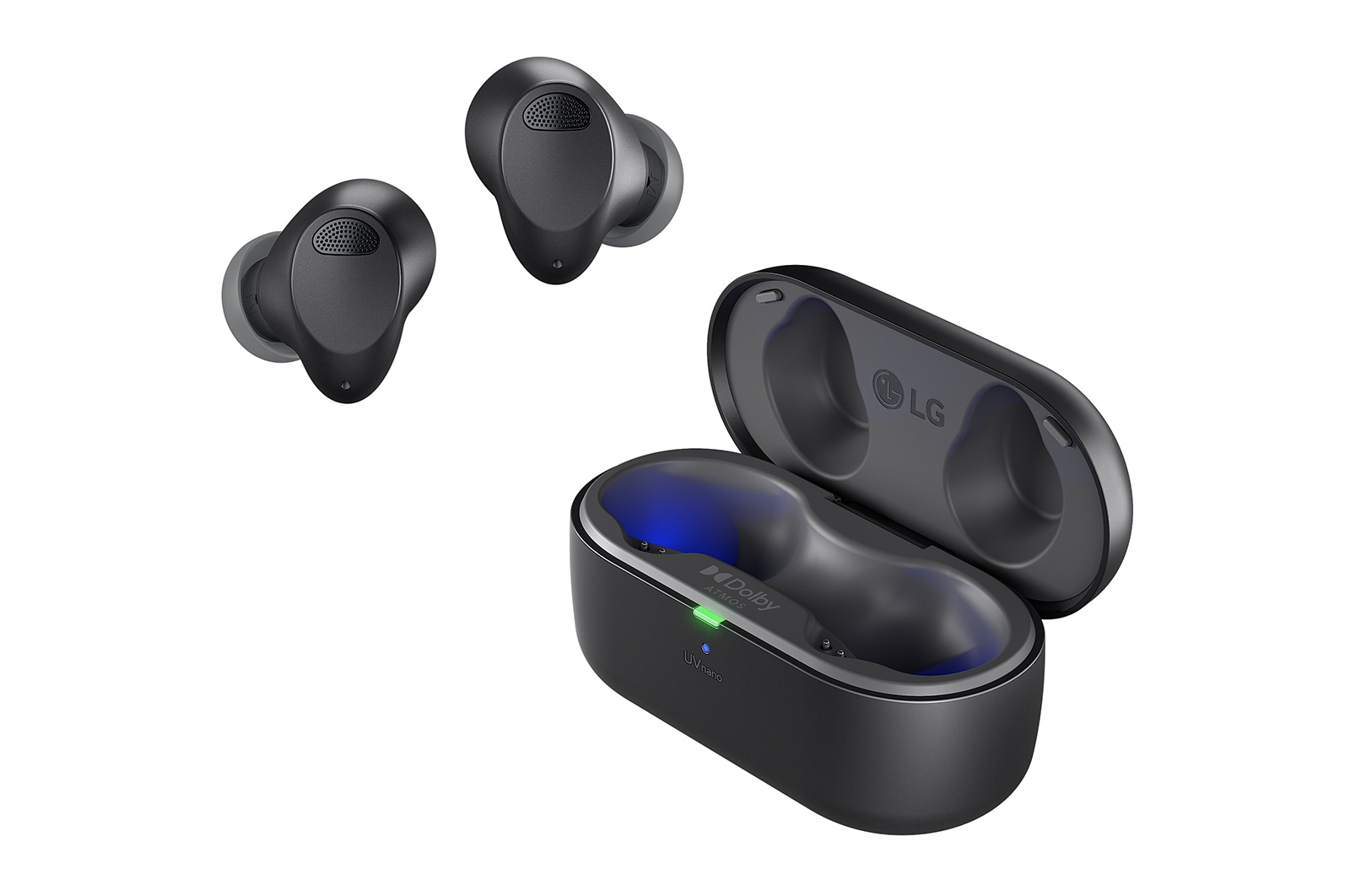 While the earbuds are in the air, light is emitted from the case, opening the cradle's lid. Plug and Wireless appear on the left