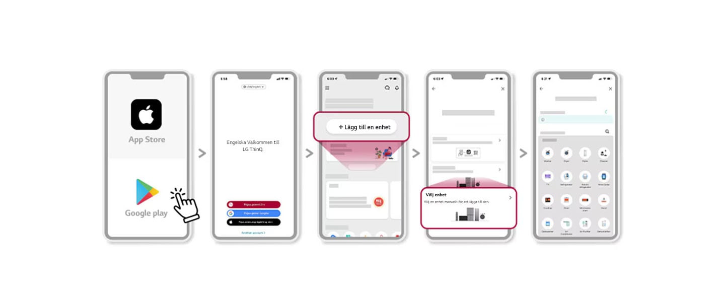 Installationsprocessen f?r LG ThinQ-appen beskrivs steg f?r steg p? de sex mobilsk?rmarna