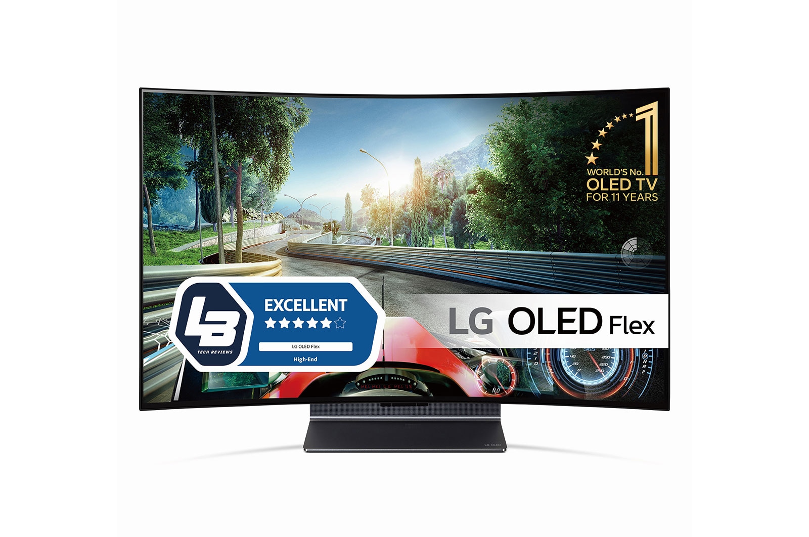 LG OLED Flex, V?nsterv?nd Flex sedd fr?n 45-graders vinkel framifr?n med en helt kr?kt sk?rm., 42LX3Q6LA