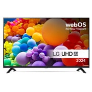 Vy framifr?n av LG UHD TV, UT73 med texten LG UHD AI ThinQ, 2024, och logotypen f?r webOS Re:New Program p? sk?rmen