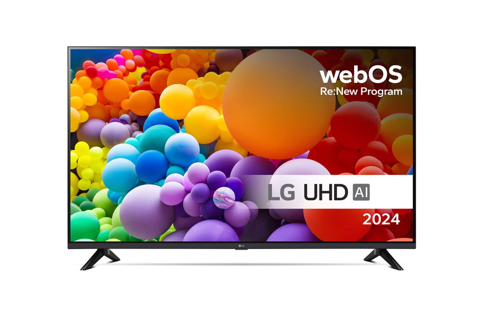 Vy framifr?n av LG UHD TV, UT73 med texten LG UHD AI ThinQ, 2024, och logotypen f?r webOS Re:New Program p? sk?rmen