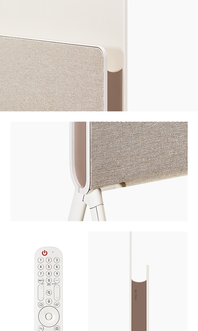 N?rbilder av Posé fr?n baksidan i vinkel och fr?n sidan. Partiell vy av Magic Remote fj?rrkontroll i beige.