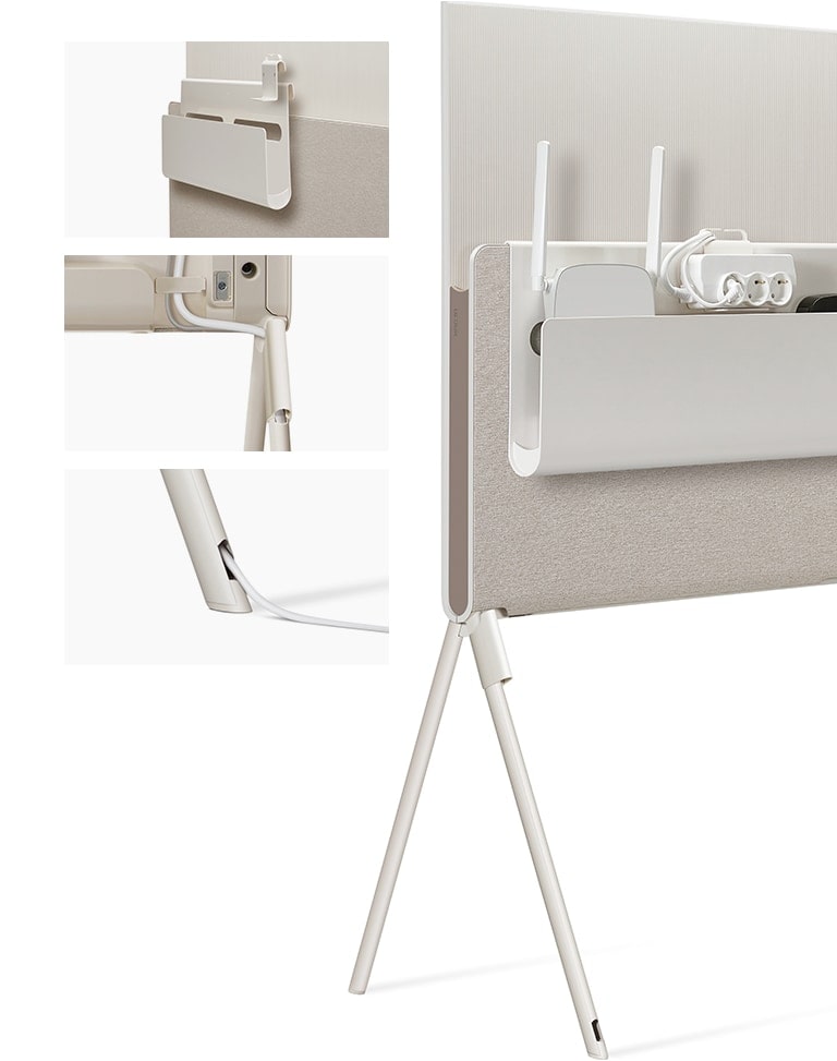 N?rbild av Posés-organiserare f?r kabel och tillbeh?r tryckt emot mediahyllan. N?rbild av l?stagbar kabelh?llare p? TV:ns bas. N?rbild av kabel som kommer ut ur TV-benet. Partiell vy av Posé sedd fr?n baksidan med en router, ett uttag och en enhet i organiseraren f?r kabel och tillbeh?r.