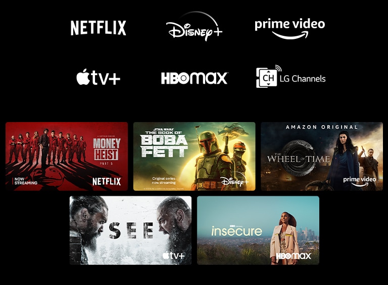 En affisch med La casa de papel fr?n Netflix, The Book of Boba Fett fr?n Disney Plus, Sagan om drakens ?terkomst fr?n Prime Video, See fr?n Apple TV Plus, och Insecure fr?n HBO Max