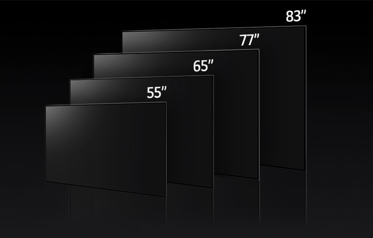 En bild som j?mf?r de olika storlekarna i LG OLED C3-serien, h?r visas 55", 65", 77", och 83".