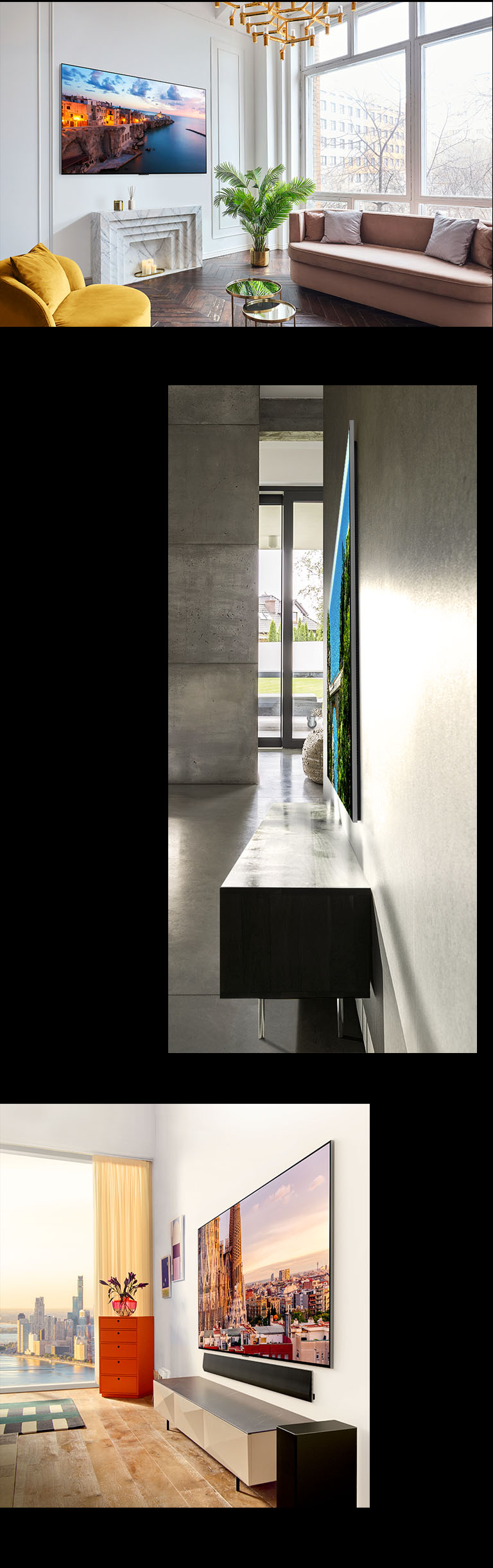 En bild av LG OLED G3 i ett dekorerat rum, en presentation av TV:ns One Wall Design. En sidovy av LG OLED 3G:s otrolig smala m?tt. En vinklad vy av en LG OLED G3 p? v?ggen i en stadsl?genhet, en soundbar st?r undertill.