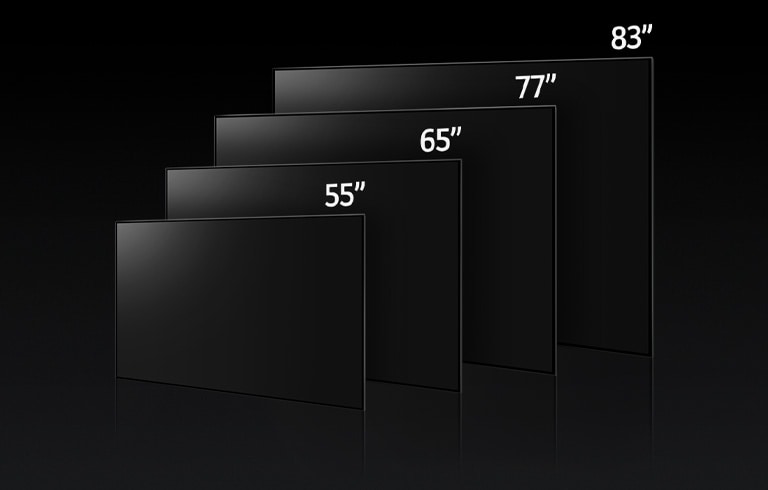 En bild som j?mf?r de olika storlekarna i LG OLED G3-serien, 55", 65", 77", och 83".