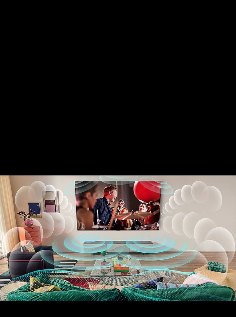 En bild p? en LG OLED TV i ett rum som visar en musikkonsert. Bubblor som visar virtuellt surroundljud som fyller utrymmet.