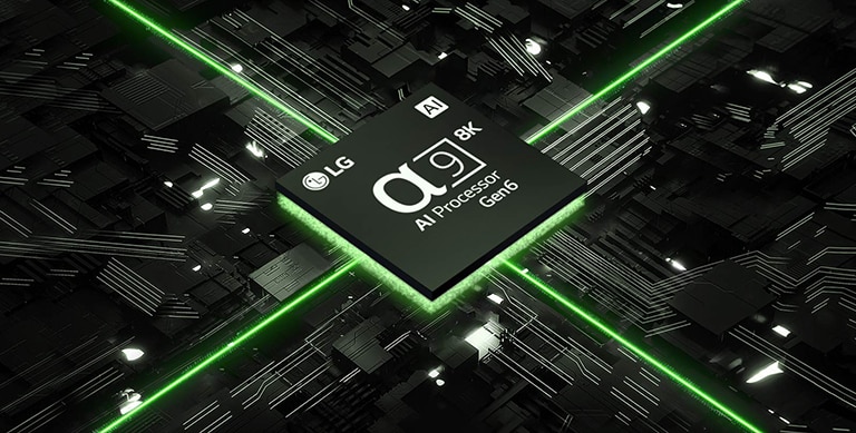 En video av α9 AI Processor 8K Gen6 mot ett kretskort. Kortet lyser och gr?na lampor lyser fr?n chipet som representerar dess kraft.