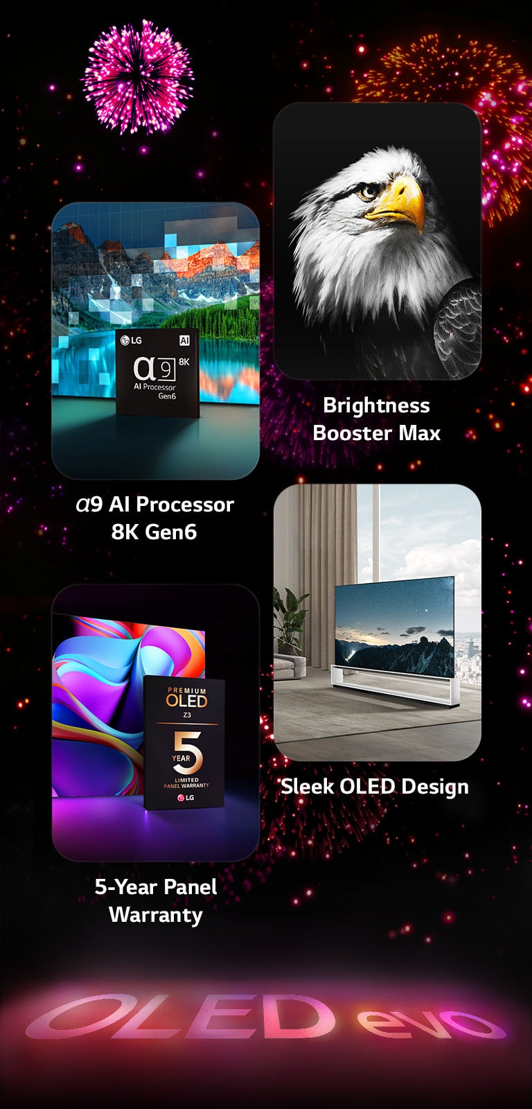 En bild som visar de viktigaste funktionerna hos LG OLED evo Z3 mot en svart bakgrund med rosa och lila fyrverkerier. Det ?r en rosa reflektion fr?n fyrverkeriet p? golvet, och d?r bildas orden “OLED evo.” I bilden finns en bild som f?rest?ller a9 AI-processor 8K Gen6 med chipet som st?r framf?r en bild av en sj?, och bilden blir behandlad med processorns teknik. F?r att presentera Brightness Booster Max visas en f?gel med djup kontrast och ljusa vita f?rger. En bild som visar den fem?riga panelgarantin inneh?ller logotypen f?r Premium OLED Z3-garantin med sk?rmen i bakgrunden. En bild som presenterar den smala och eleganta OLED-designen visar en golvmonterad LG OLED evo Z3 framf?r ett stort f?nster med utsikt ?ver en stad, i ett rent, minimalistiskt vardagsrum.
