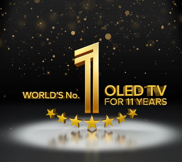 Ett guldemblem f?r v?rldens nummer 1 OLED TV i 11 ?r mot en svart bakgrund. Ett str?lkastarljus lyser p? emblemet och abstrakta guldstj?rnor fyller himlen ovanf?r.