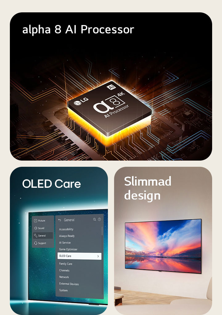 LG:s alpha 8 AI-processor ovanp? ett moderkort som avger orange ljus.  OLED TV med OLED Care-menyn v?ljs i supportmenyn uppe p? sk?rmen.  Den slimmade designen p? ena sidan n?r den placeras platt mot v?ggen i ett modernt vardagsrum.