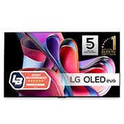 LG 65'' OLED evo G3 - 4K TV (2023), Vy framifr?n med LG OLED evo, logotypen f?r 11 Years World No.1 OLED, och logotypen f?r 5 ?rs panelgaranti ?r p? sk?rmen, OLED65G36LA
