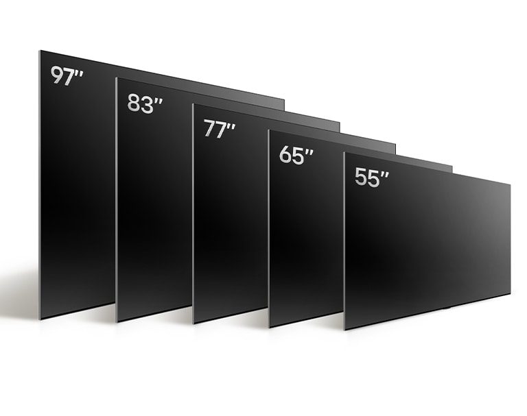 J?mf?relse av LG OLED TV, OLED G4:s olika storlekar, visar OLED G4 55 tum, OLED G4 65 tum, OLED G4 77 tum, OLED G4 83 tum och OLED G4 97 tum.
