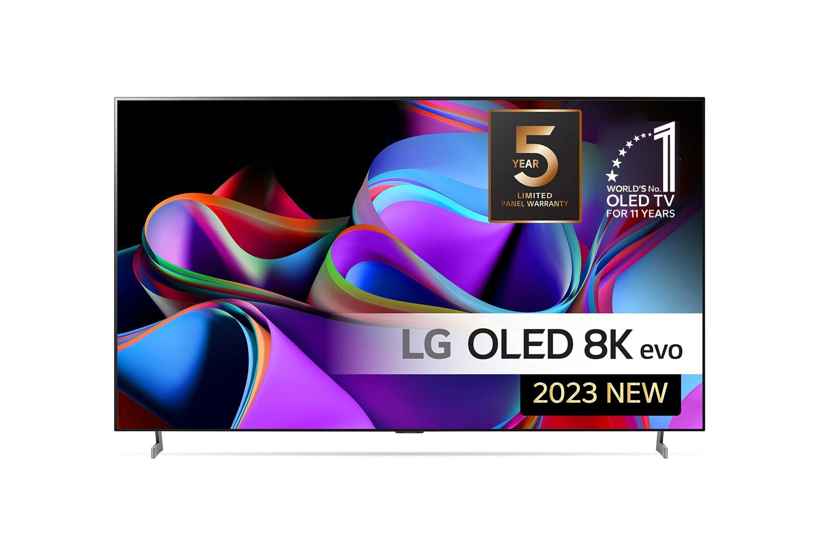 LG 77'' OLED evo Z3 - 8K TV (2023), Vy framifr?n med LG OLED 8K evo, logotypen f?r 11 Years World No.1 OLED, och logotypen f?r 5 ?rs panelgaranti ?r p? sk?rmen., OLED77Z39LA