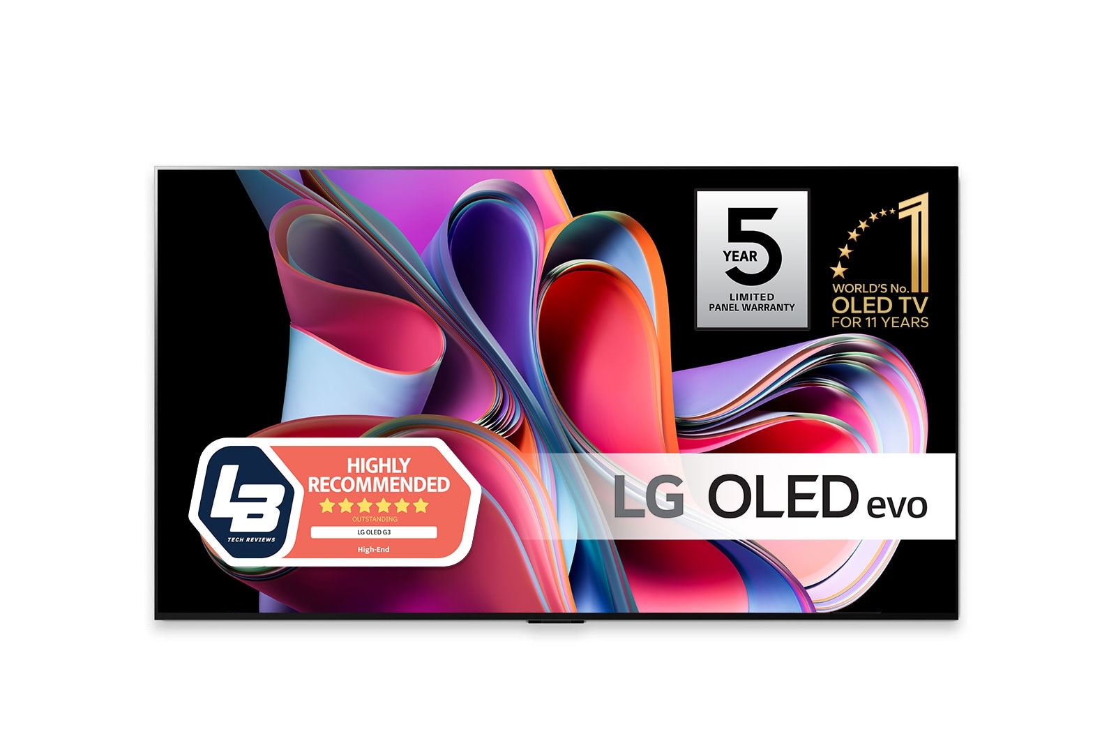 LG 83'' OLED evo G3 - 4K TV (2023), Vy framifr?n med LG OLED evo, logotypen f?r 10 Years World No.1 OLED, och logotypen f?r 5 ?rs panelgaranti ?r p? sk?rmen, OLED83G36LA
