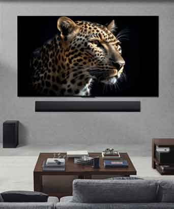 A series of wireless LG TVs lined up in formation.	