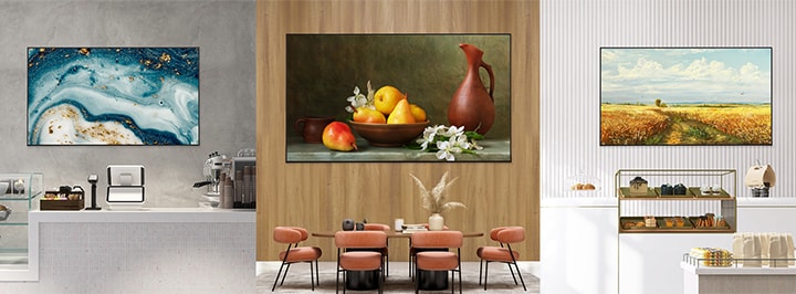 This image showcases displays in various spaces playing different artworks, utilizing the Art Lounge feature to create diverse atmospheres.