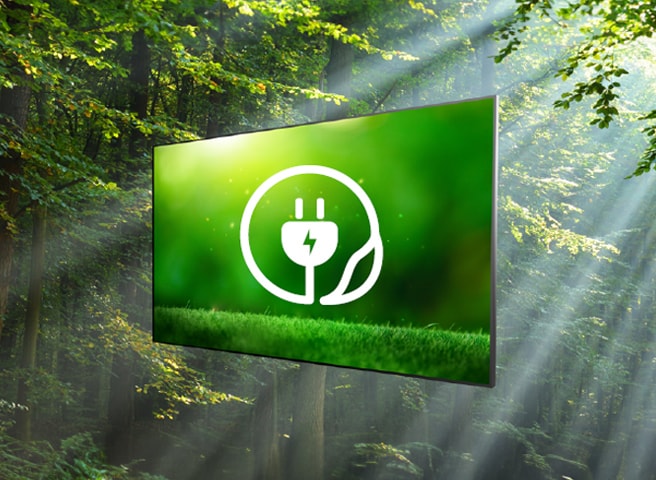 This image highlights a natural background outside the display, alongside a screen showing nature, representing an environmental theme.