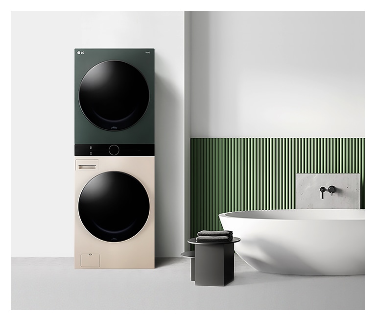 It shows beige, green color LG WashTower placed in neat bath room.