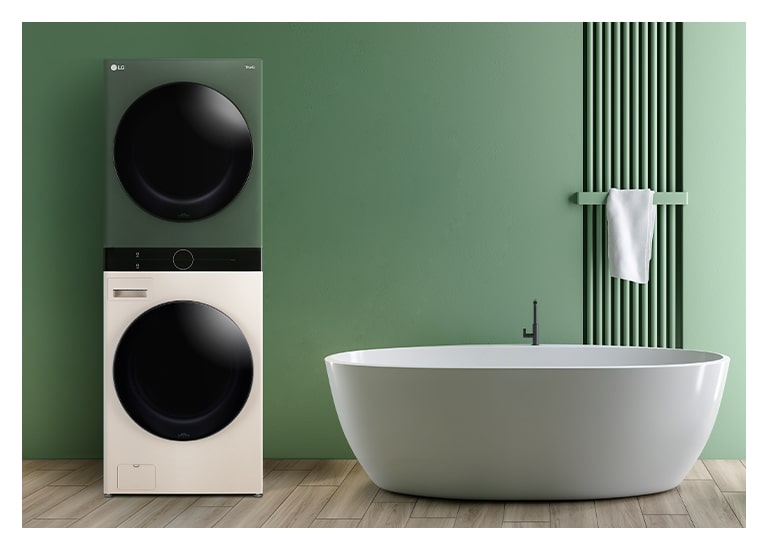 It shows WashTower placed in the green tone bath room.