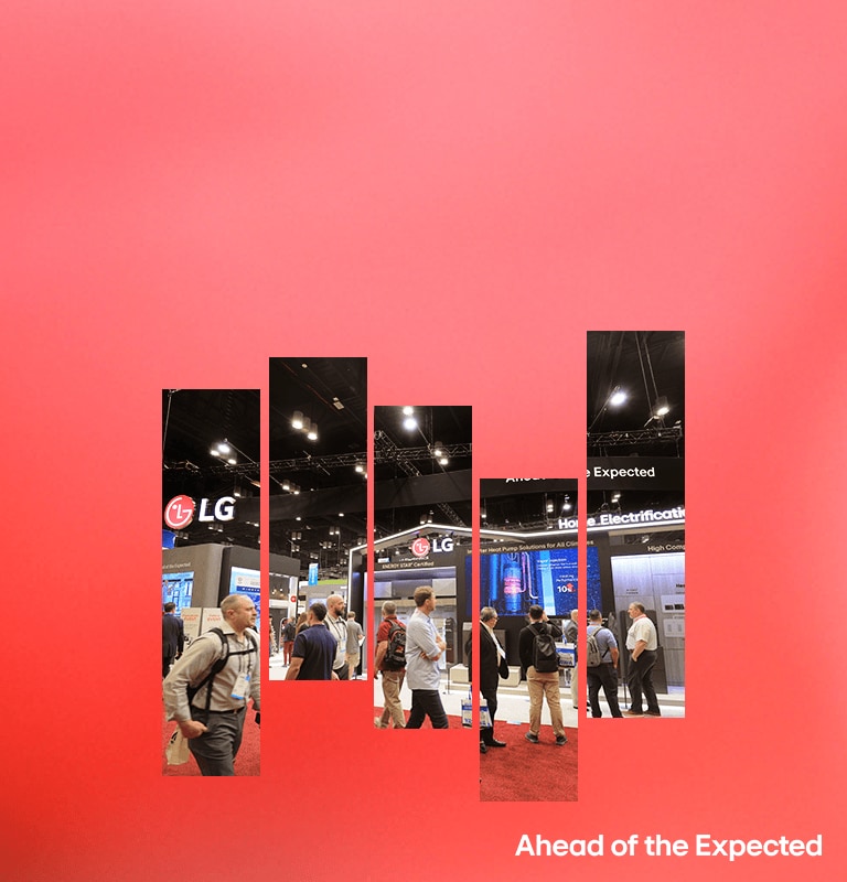LG booth at trade show showcasing energy-efficient home electrification solutions, slogan 'Ahead of the Expected'