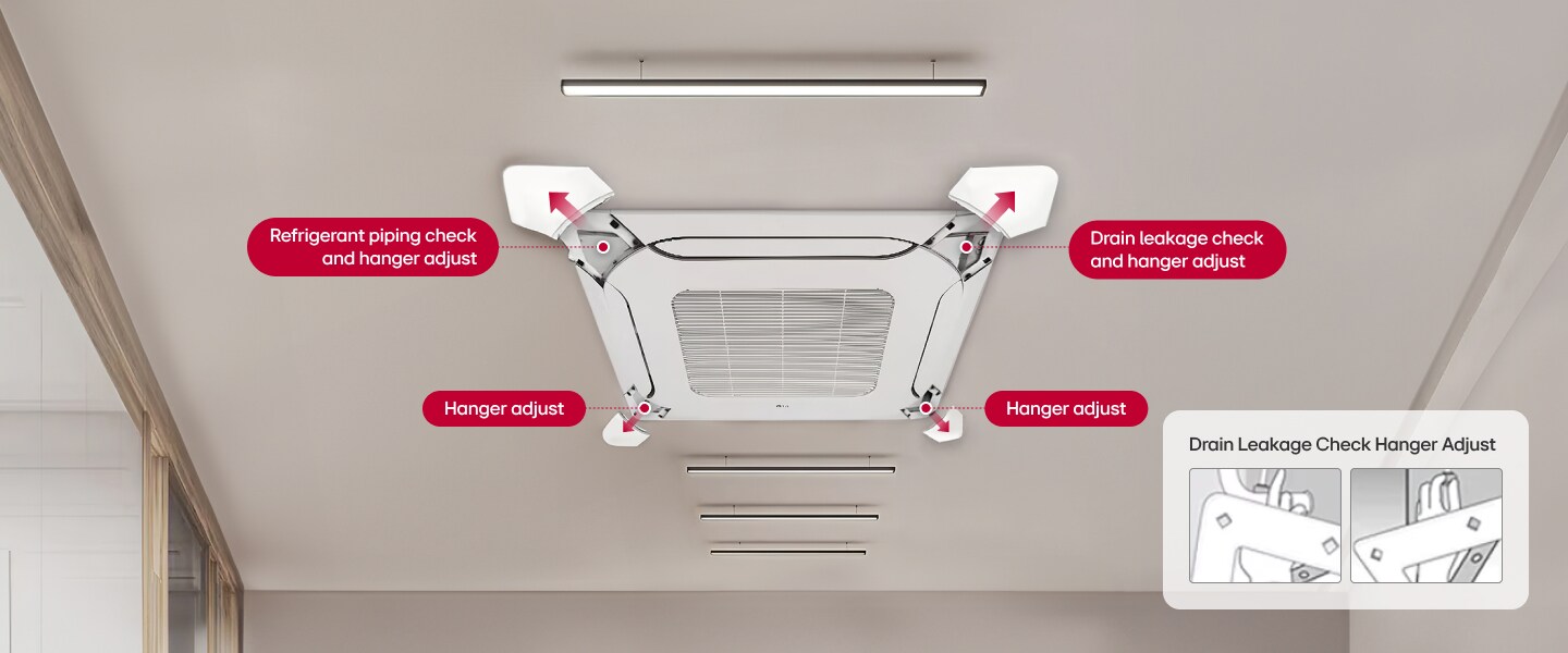 LG ceiling mounted cassette with detachable corner panels for easy hanger adjustments and checks on refrigerant piping and drain leakage.	