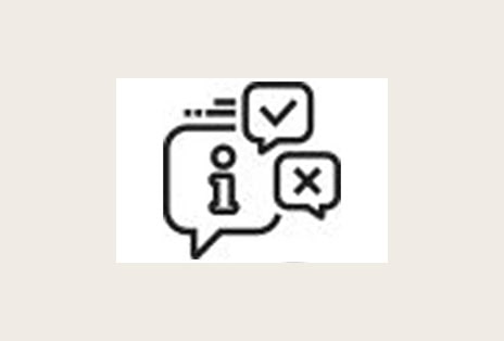 Three word bubbles of distinct sizes, each outlined in black, contain different marks, an exclamation, a question, and a check, respectively.	