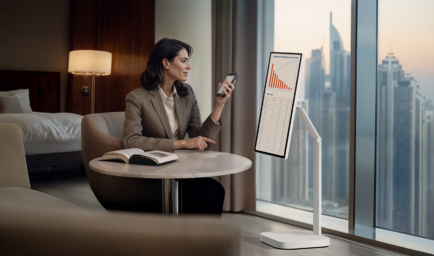A woman is checking a chart on a LG Smart Monitor Swing in a hotel room.