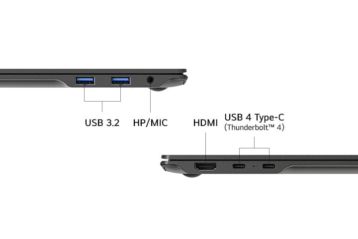 A side view of a laptop showcasing its ports, including USB 3.2, headphone/microphone combo jack (HP/MIC), HDMI, and USB 4 Type-C (Thunderbolt? 4). The clean layout highlights versatile connectivity options.